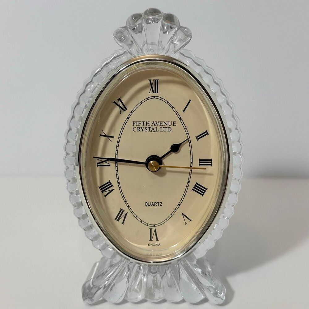 Oval Fifth Avenue Crystal Ltd Quartz Desk Clock w/ Roman Numerals & Clear Glass